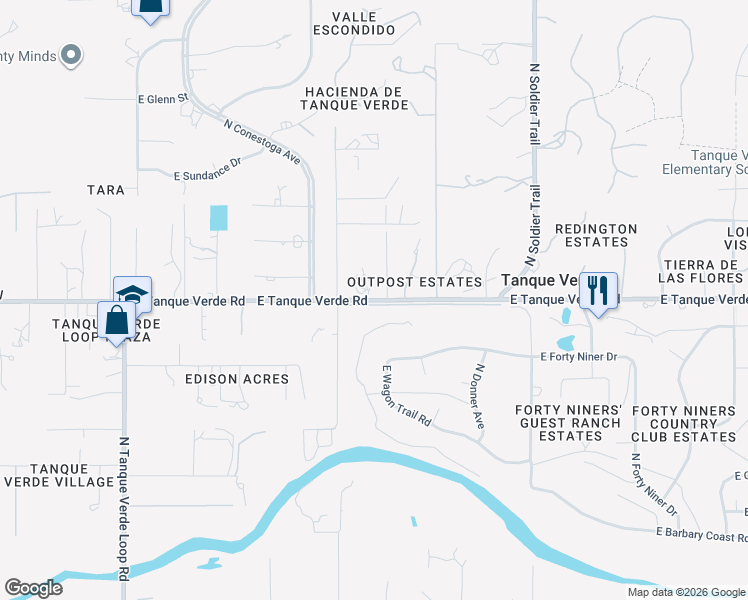 map of restaurants, bars, coffee shops, grocery stores, and more near 11561 East Tanque Verde Road in Tucson