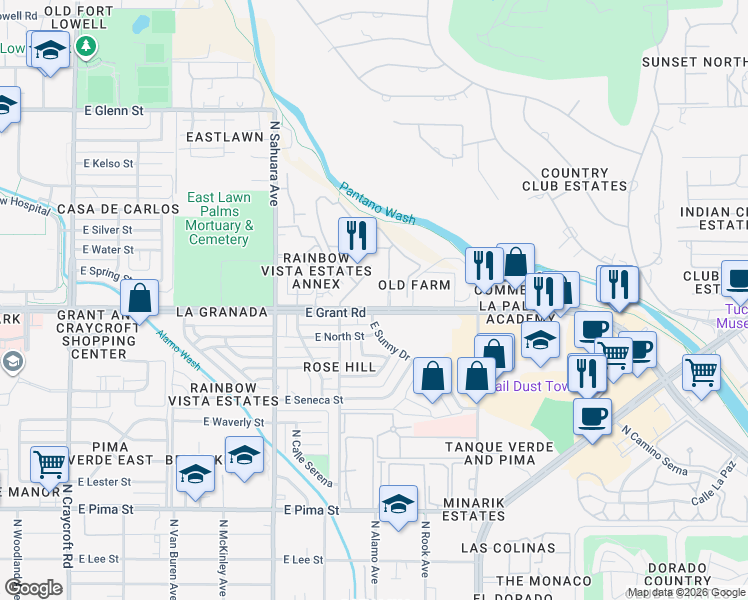 map of restaurants, bars, coffee shops, grocery stores, and more near 6133 East Grant Road in Tucson