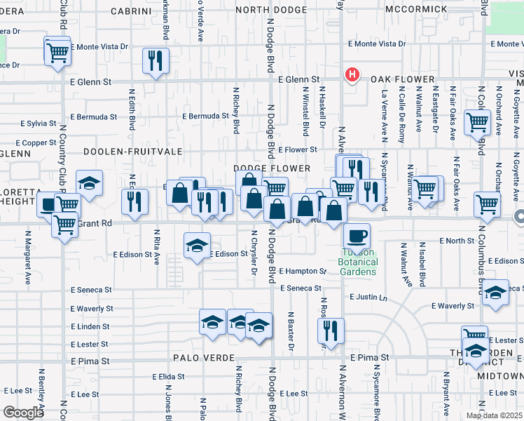 map of restaurants, bars, coffee shops, grocery stores, and more near 3677 East Grant Road in Tucson