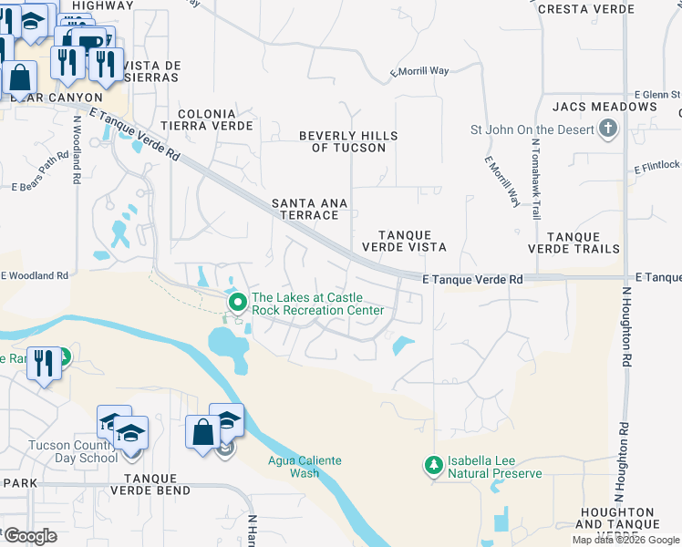 map of restaurants, bars, coffee shops, grocery stores, and more near 9698 East Country Court in Tucson