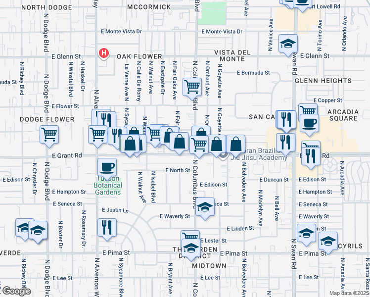 map of restaurants, bars, coffee shops, grocery stores, and more near 2426 North Fair Oaks Avenue in Tucson