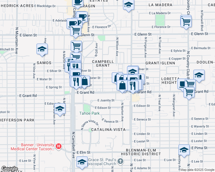 map of restaurants, bars, coffee shops, grocery stores, and more near 2235 East Spring Street in Tucson