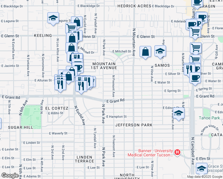 map of restaurants, bars, coffee shops, grocery stores, and more near 1100 East Winnie Place in Tucson