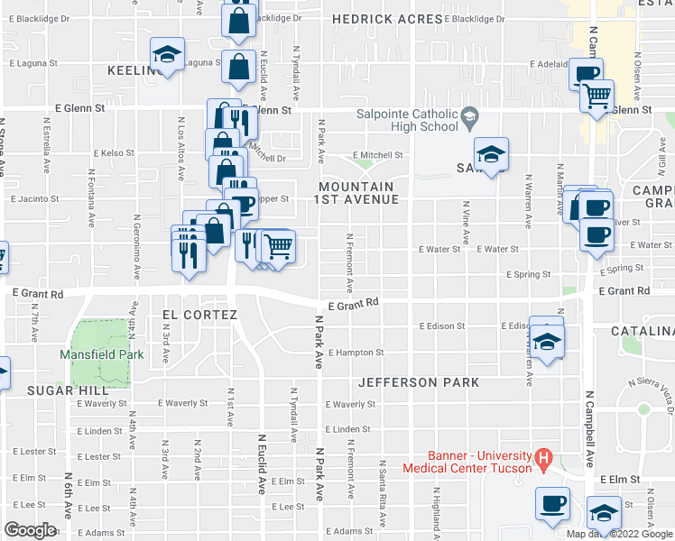 map of restaurants, bars, coffee shops, grocery stores, and more near 1010 East Water Street in Tucson