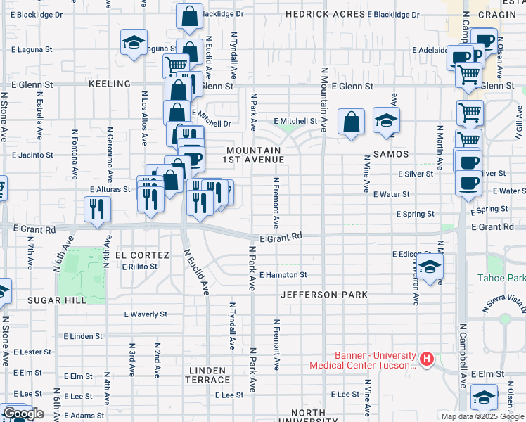 map of restaurants, bars, coffee shops, grocery stores, and more near 1010 East Water Street in Tucson