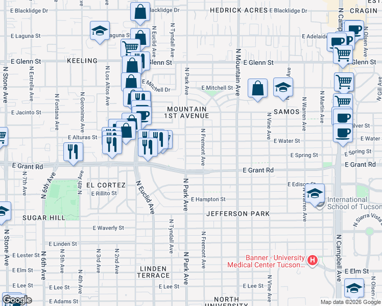 map of restaurants, bars, coffee shops, grocery stores, and more near 1010 East Water Street in Tucson