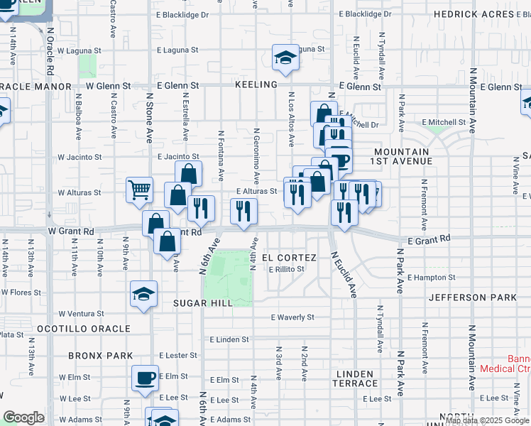 map of restaurants, bars, coffee shops, grocery stores, and more near 2436 North Geronimo Avenue in Tucson