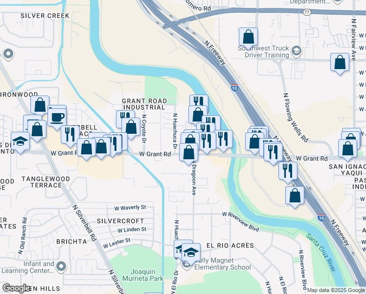 map of restaurants, bars, coffee shops, grocery stores, and more near 1700 West Grant Road in Tucson