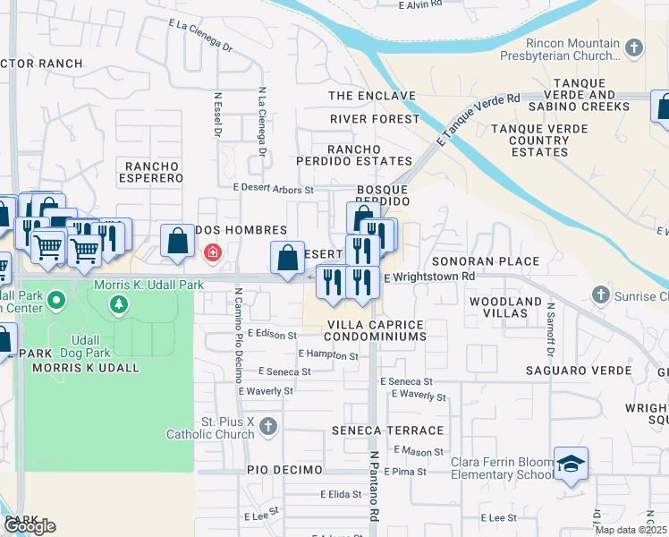 map of restaurants, bars, coffee shops, grocery stores, and more near 7809 East Wrightstown Road in Tucson