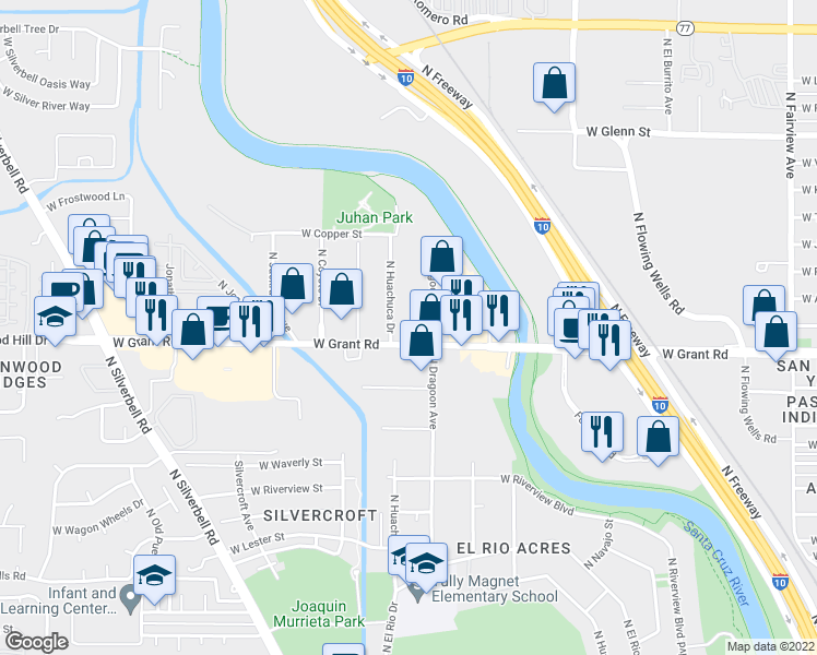 map of restaurants, bars, coffee shops, grocery stores, and more near 1700 West Grant Road in Tucson