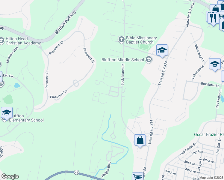 map of restaurants, bars, coffee shops, grocery stores, and more near 14 Maidencane Street in Bluffton