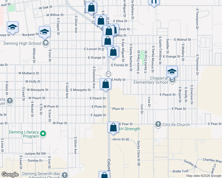 map of restaurants, bars, coffee shops, grocery stores, and more near 1701-1799 Columbus Road in Deming