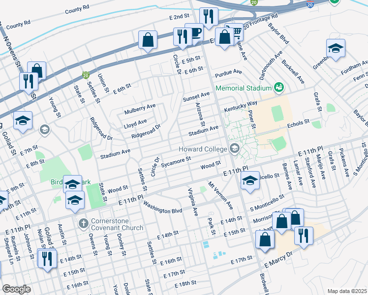 map of restaurants, bars, coffee shops, grocery stores, and more near Kenney Street in Big Spring