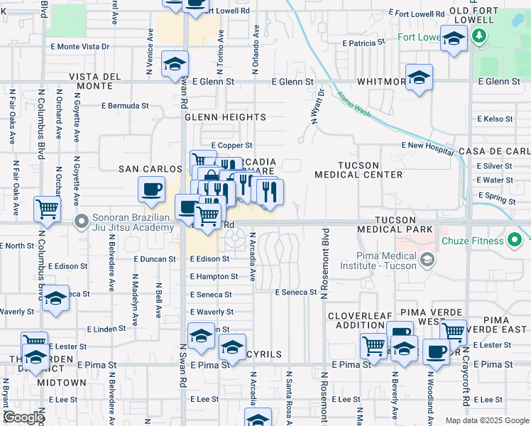 map of restaurants, bars, coffee shops, grocery stores, and more near 4951 East Grant Road in Tucson