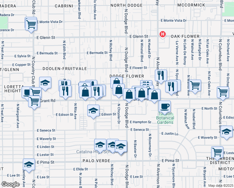 map of restaurants, bars, coffee shops, grocery stores, and more near 2429 North Richey Boulevard in Tucson