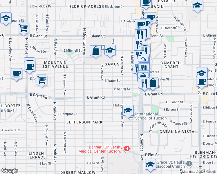 map of restaurants, bars, coffee shops, grocery stores, and more near 1533 East Spring Street in Tucson