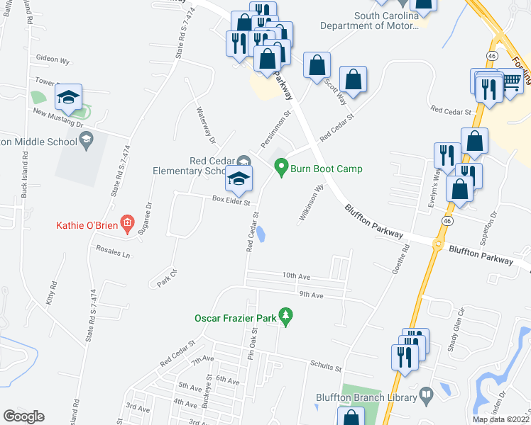 map of restaurants, bars, coffee shops, grocery stores, and more near 246 Red Cedar Street in Bluffton