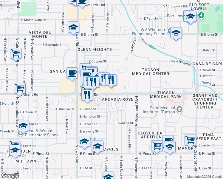map of restaurants, bars, coffee shops, grocery stores, and more near 4951 East Grant Road in Tucson