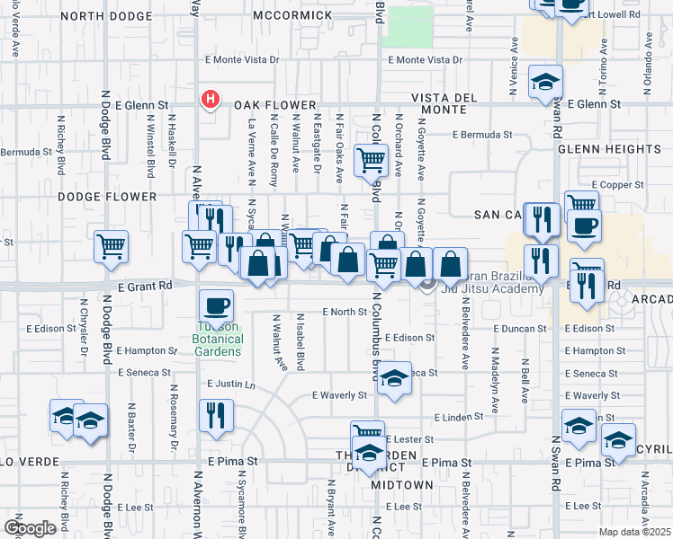 map of restaurants, bars, coffee shops, grocery stores, and more near 2426 North Fair Oaks Avenue in Tucson