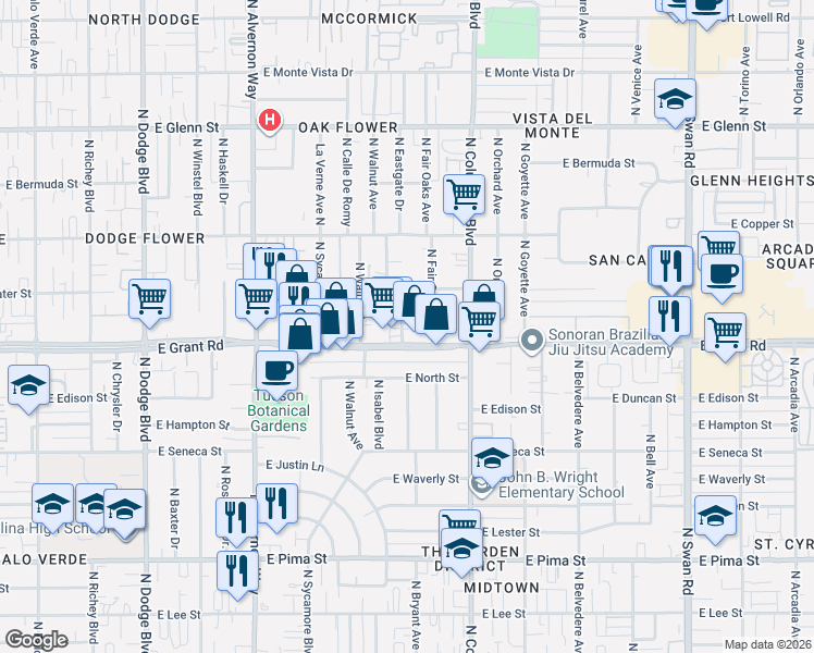 map of restaurants, bars, coffee shops, grocery stores, and more near 4150 East Spring Street in Tucson