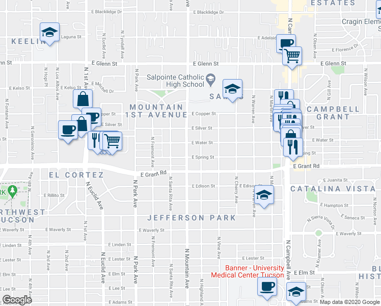 map of restaurants, bars, coffee shops, grocery stores, and more near 1330 East Water Street in Tucson