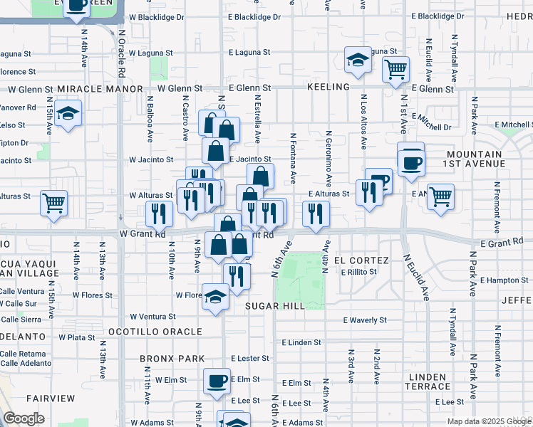 map of restaurants, bars, coffee shops, grocery stores, and more near 2437 North Estrella Avenue in Tucson