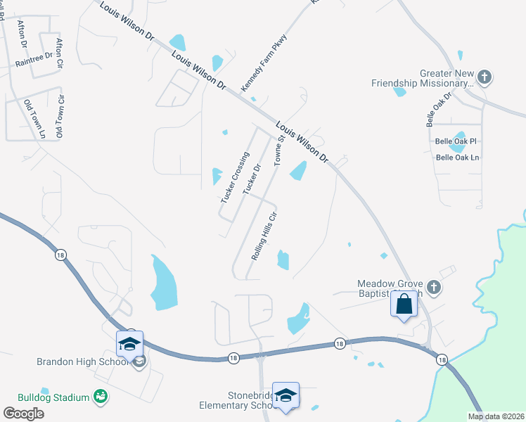 map of restaurants, bars, coffee shops, grocery stores, and more near Rolling Hills Cir in Brandon