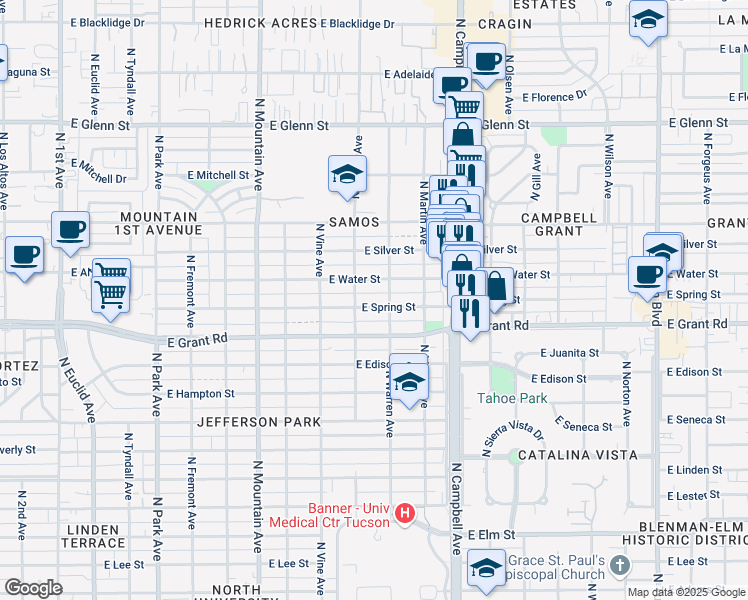 map of restaurants, bars, coffee shops, grocery stores, and more near 1634 East Water Street in Tucson