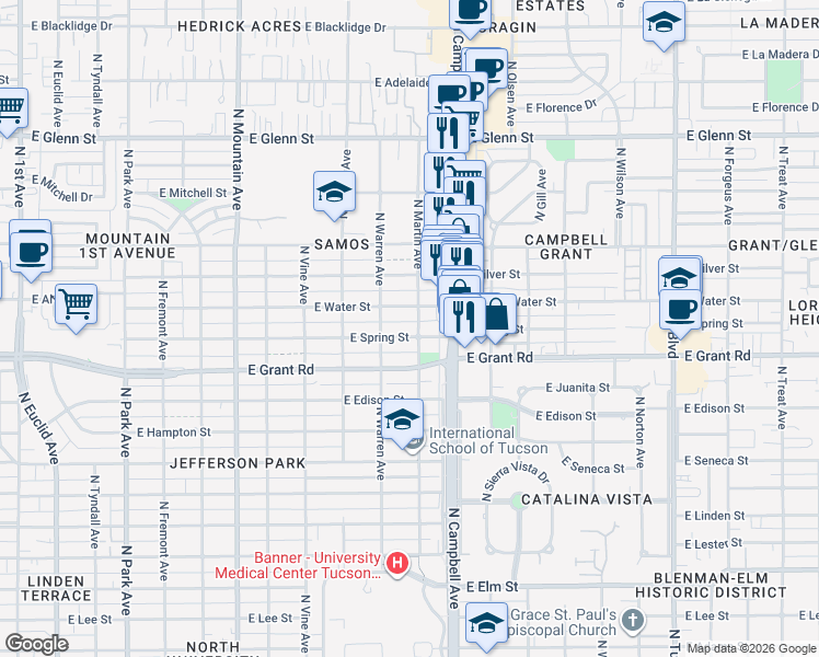 map of restaurants, bars, coffee shops, grocery stores, and more near 1734 East Water Street in Tucson