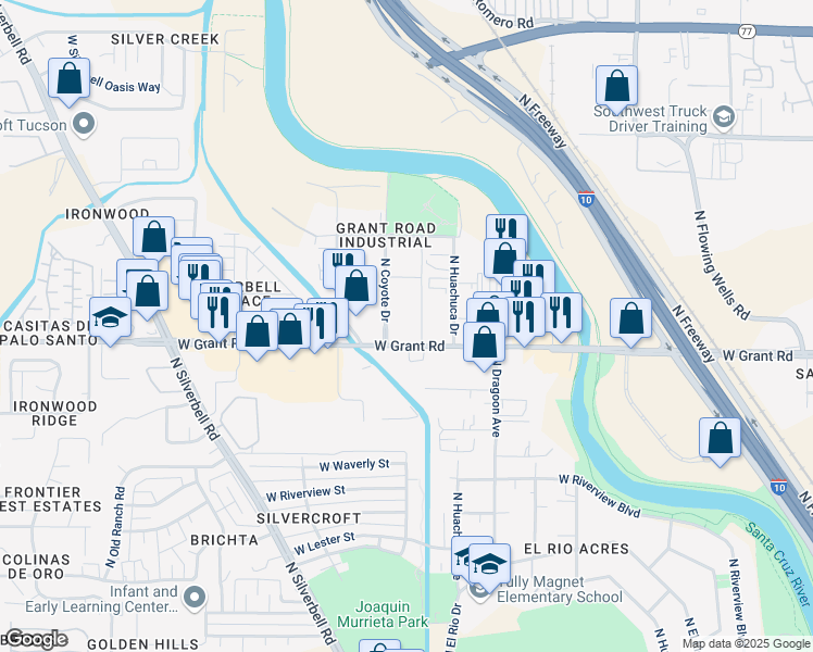map of restaurants, bars, coffee shops, grocery stores, and more near 2440 North Coyote Drive in Tucson