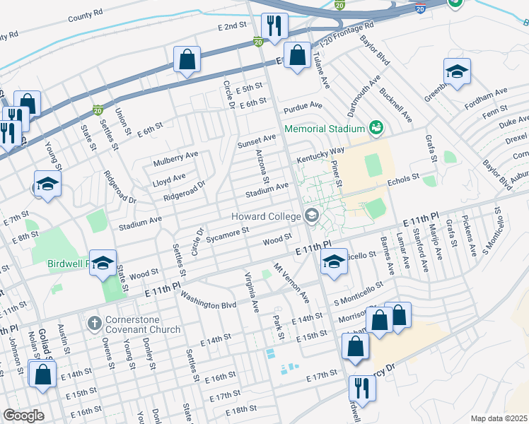 map of restaurants, bars, coffee shops, grocery stores, and more near 1514 Tucson Road in Big Spring