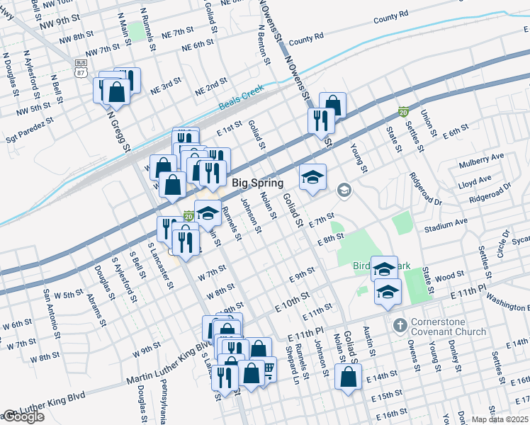 map of restaurants, bars, coffee shops, grocery stores, and more near 501-599 Nolan Street in Big Spring