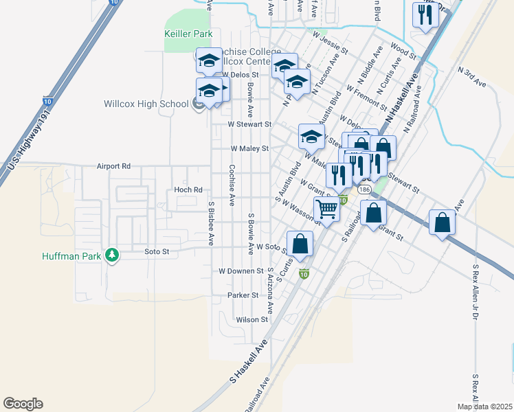 map of restaurants, bars, coffee shops, grocery stores, and more near 630 West Wasson Street in Willcox