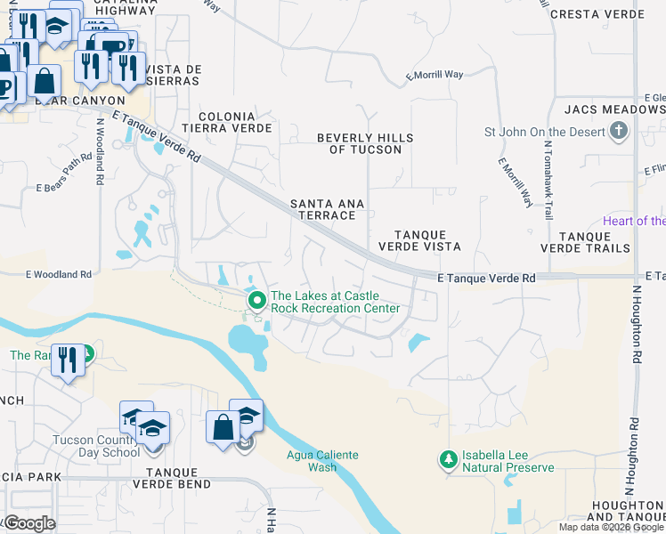 map of restaurants, bars, coffee shops, grocery stores, and more near 9627 East Shadow Lake Court in Tucson