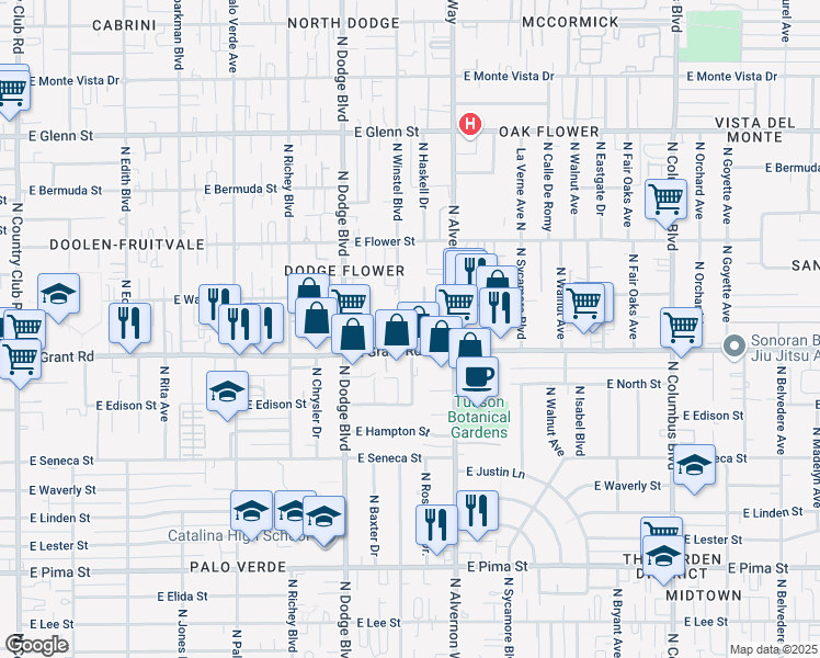 map of restaurants, bars, coffee shops, grocery stores, and more near 2425 North Haskell Drive in Tucson