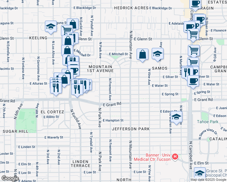 map of restaurants, bars, coffee shops, grocery stores, and more near 1100 East Winnie Place in Tucson