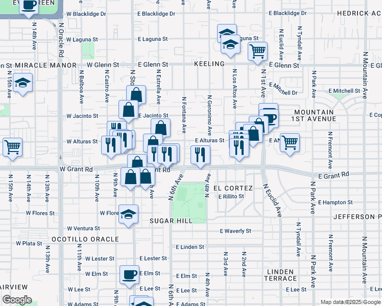 map of restaurants, bars, coffee shops, grocery stores, and more near 2434 North Fontana Avenue in Tucson