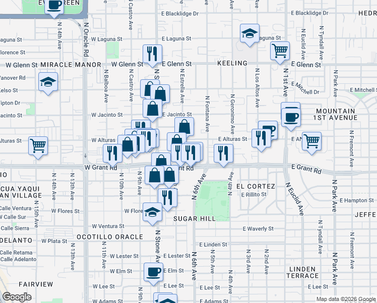 map of restaurants, bars, coffee shops, grocery stores, and more near 2437 North Estrella Avenue in Tucson