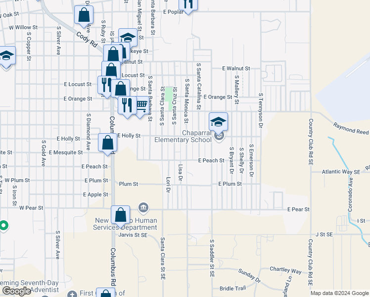 map of restaurants, bars, coffee shops, grocery stores, and more near 1800 South Santa Monica Street in Deming