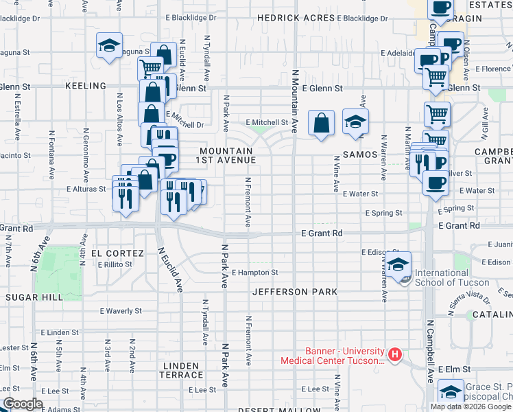 map of restaurants, bars, coffee shops, grocery stores, and more near 1100 East Winnie Place in Tucson
