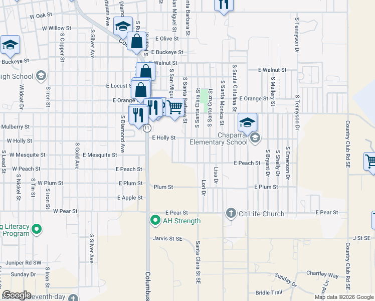 map of restaurants, bars, coffee shops, grocery stores, and more near 1717 South Santa Barbara Street in Deming