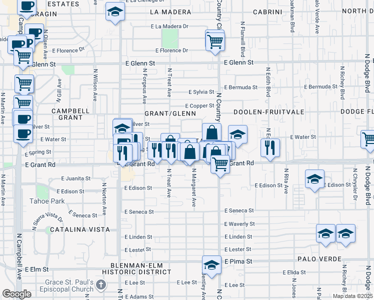 map of restaurants, bars, coffee shops, grocery stores, and more near 2415 North Loretta Drive in Tucson