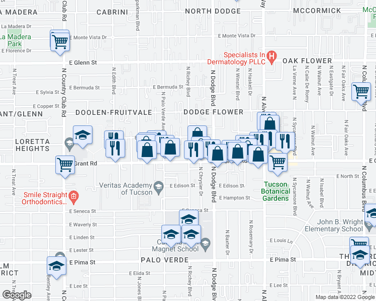 map of restaurants, bars, coffee shops, grocery stores, and more near 2429 North Richey Boulevard in Tucson