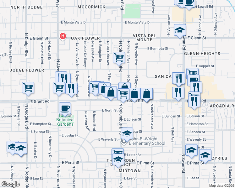 map of restaurants, bars, coffee shops, grocery stores, and more near 2432 North Columbus Boulevard in Tucson