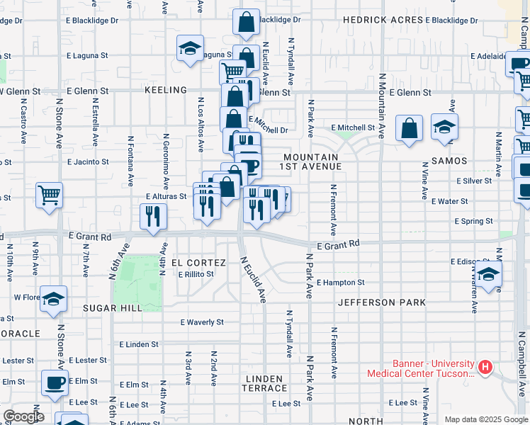 map of restaurants, bars, coffee shops, grocery stores, and more near 818 East Water Street in Tucson