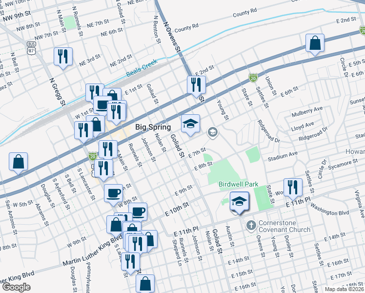map of restaurants, bars, coffee shops, grocery stores, and more near 500-598 East 6th Street in Big Spring