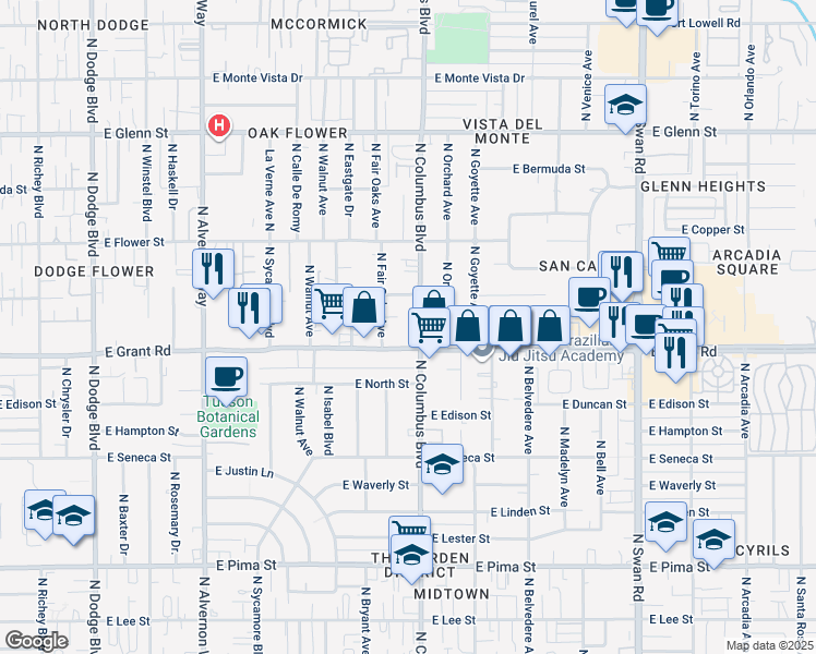map of restaurants, bars, coffee shops, grocery stores, and more near 2432 North Columbus Boulevard in Tucson