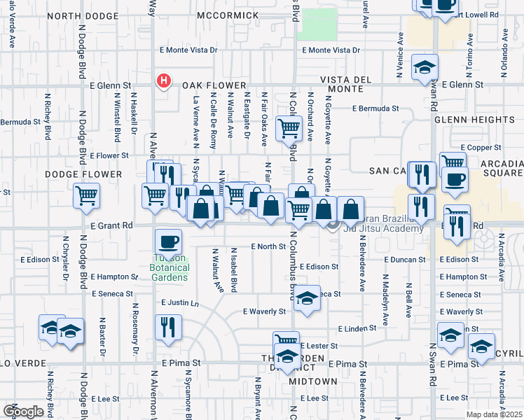 map of restaurants, bars, coffee shops, grocery stores, and more near 2426 North Fair Oaks Avenue in Tucson