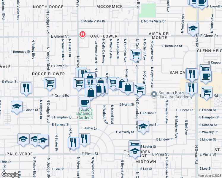 map of restaurants, bars, coffee shops, grocery stores, and more near 4110 East Spring Street in Tucson