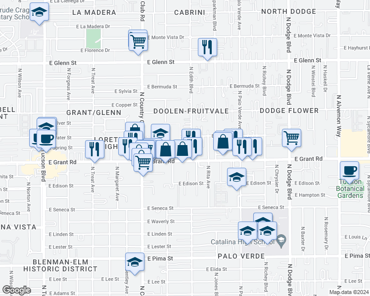 map of restaurants, bars, coffee shops, grocery stores, and more near 2437 North Edith Boulevard in Tucson